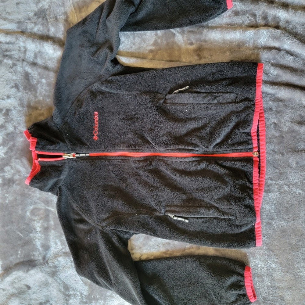 Columbia Fleece Jacket Kids Size S (7/8) Black Red Excellent Full Zip Outdoor